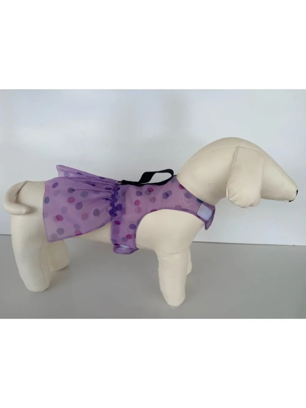 Handmade Small Dog Adjustable Dress Outfit w Harness Purple Polka Dot Tulle Skir